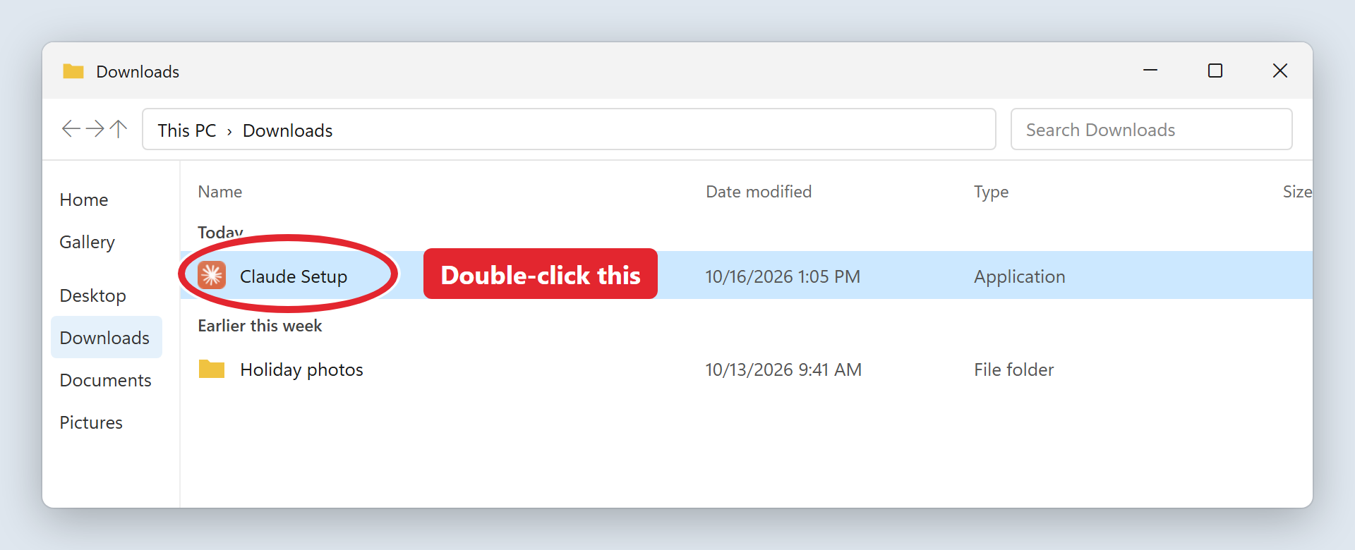 The Claude installer file in the Downloads folder