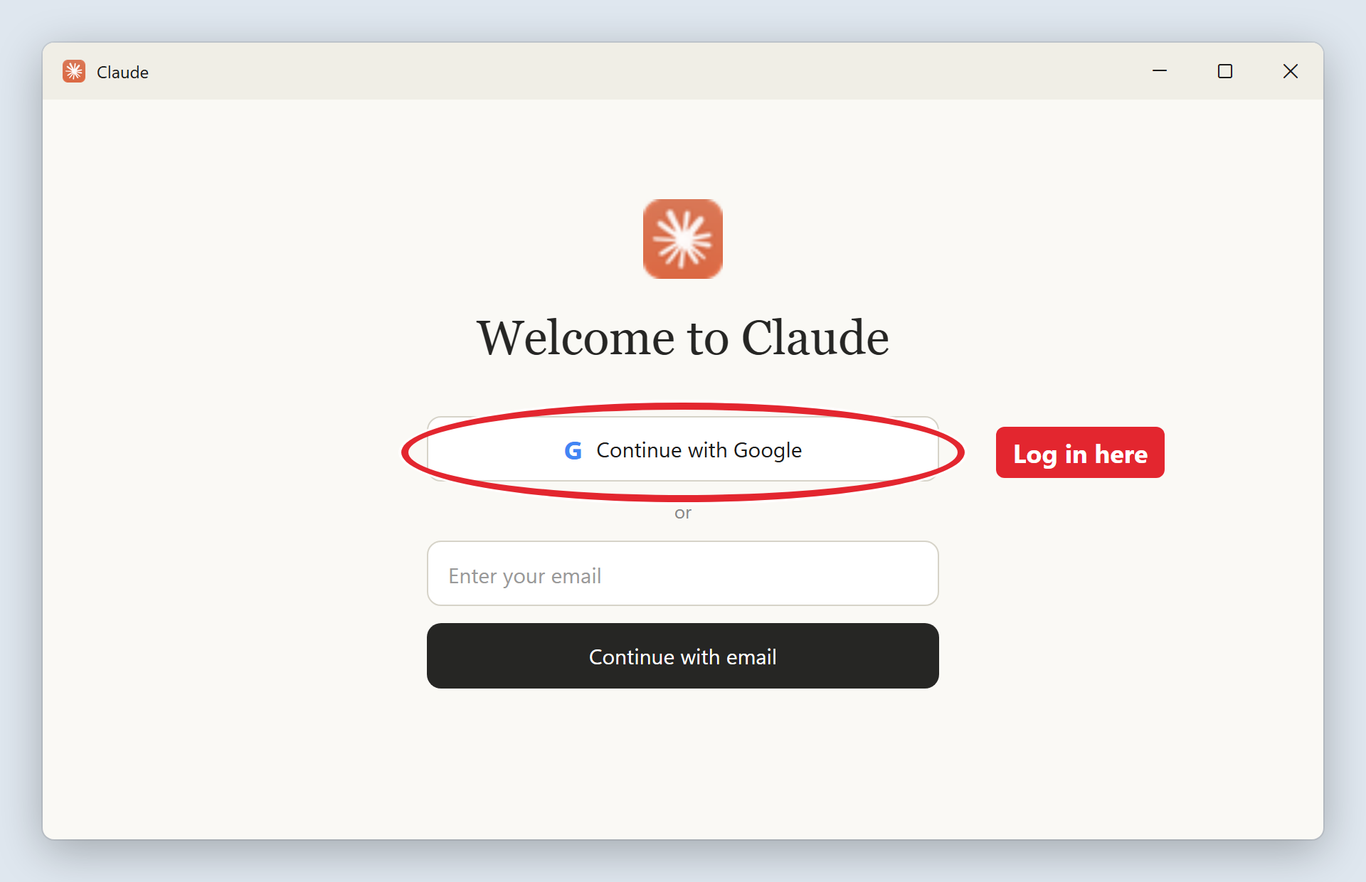 The Claude app open for the first time with Log in highlighted
