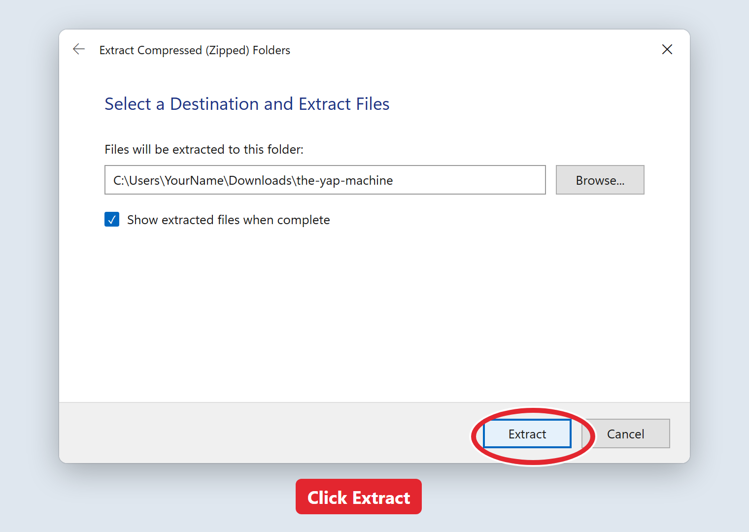 The Extract box with Extract highlighted