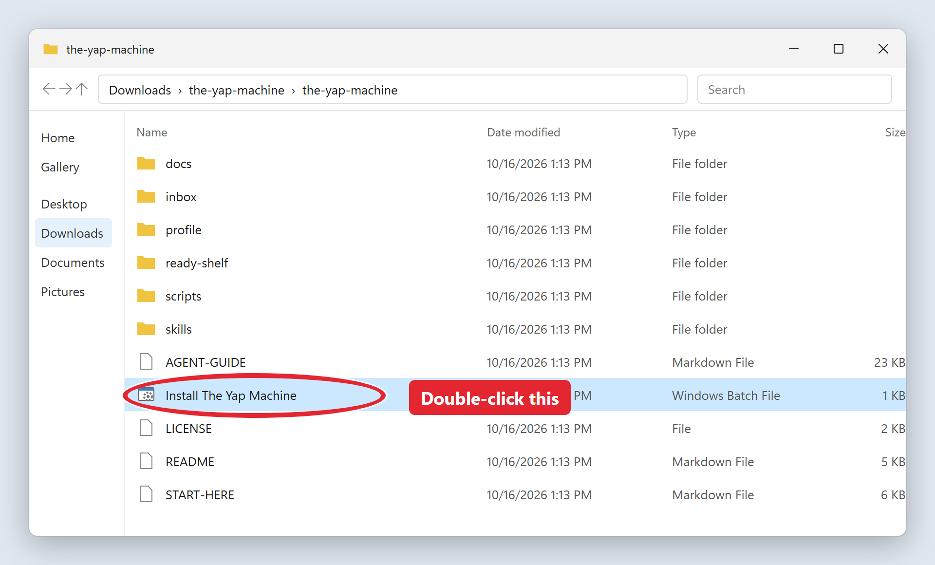 The unzipped folder with Install The Yap Machine highlighted