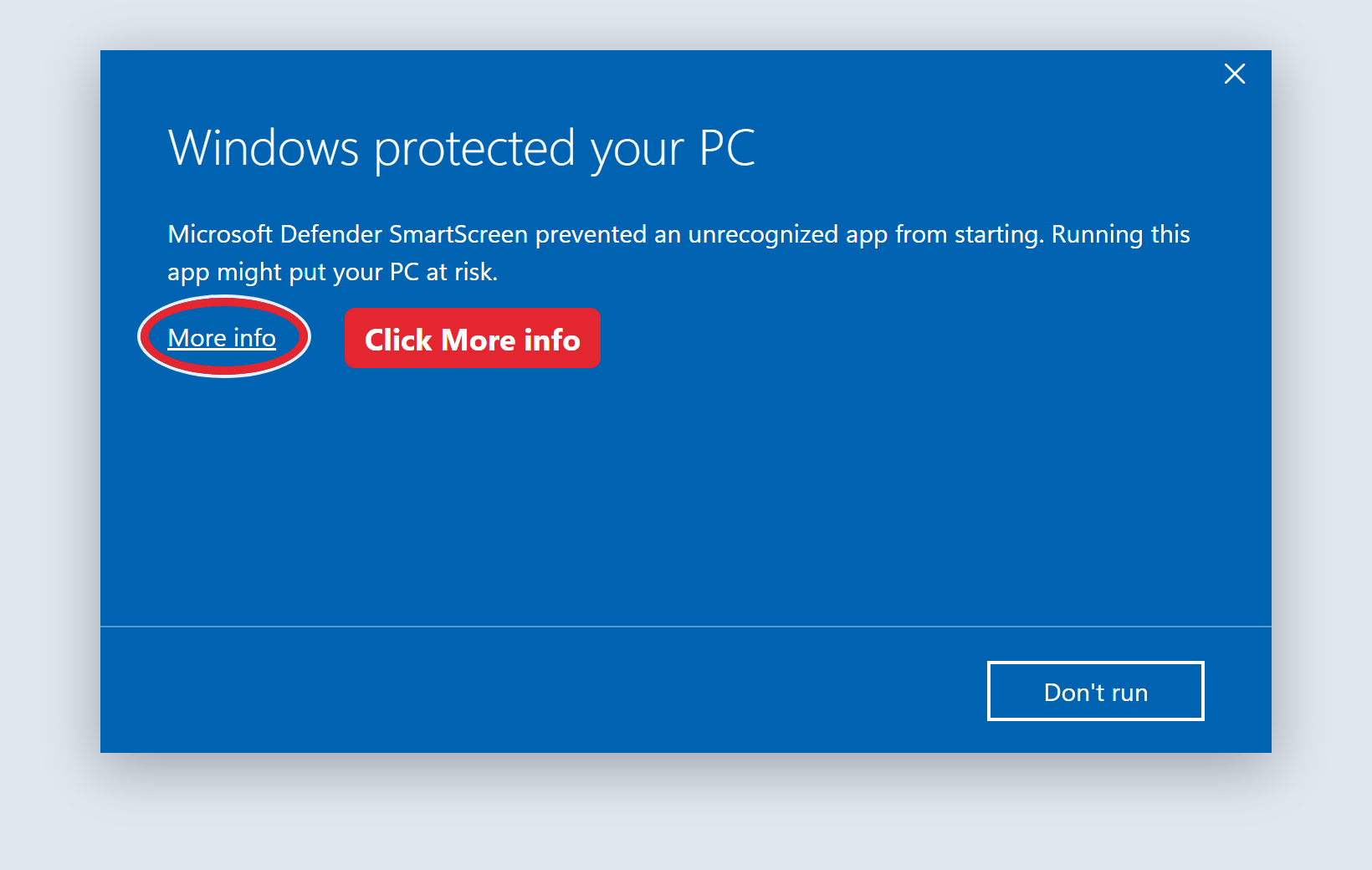 The Windows protected your PC box with More info highlighted