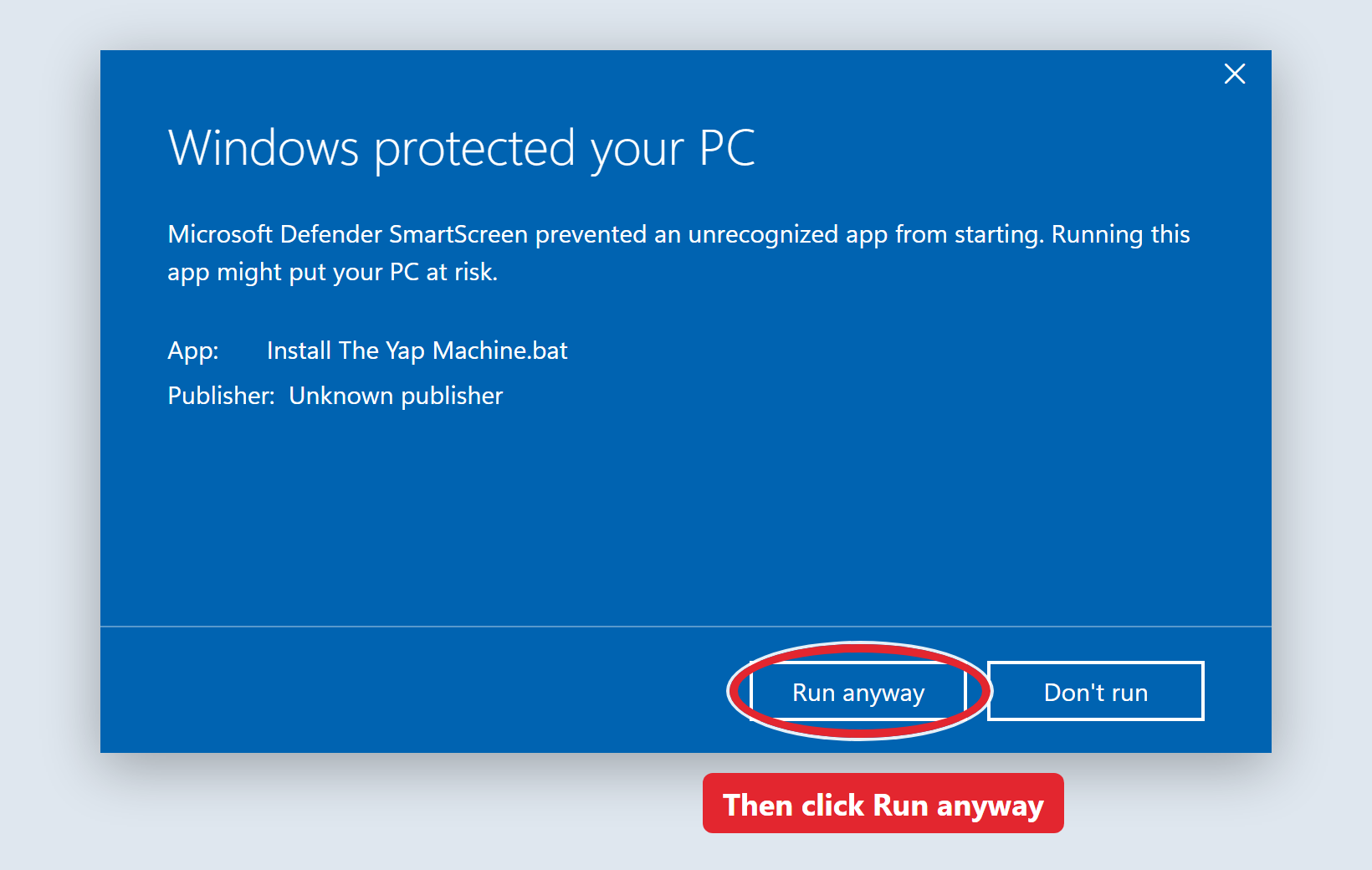 The same Windows box with Run anyway highlighted
