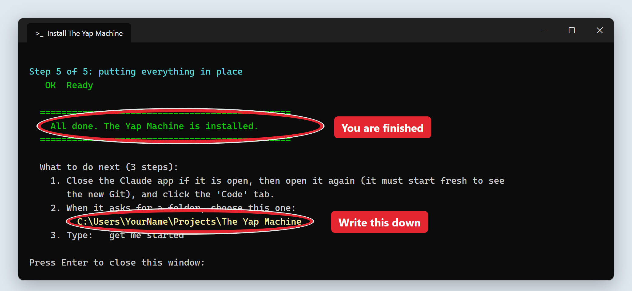 The installer showing All done and the folder address